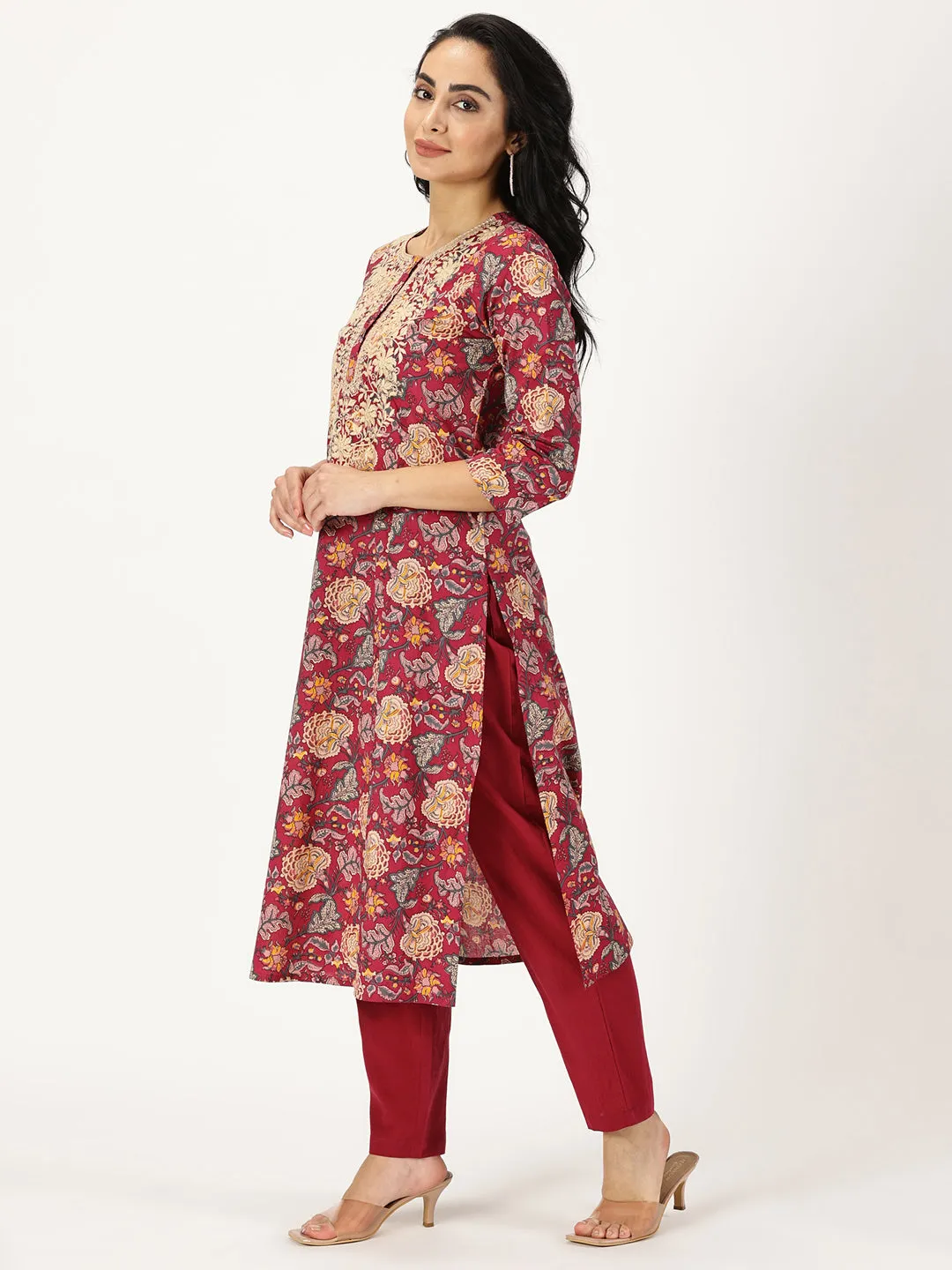 Wine Ethnic Floral Print Kurta with Yoke Embroidery