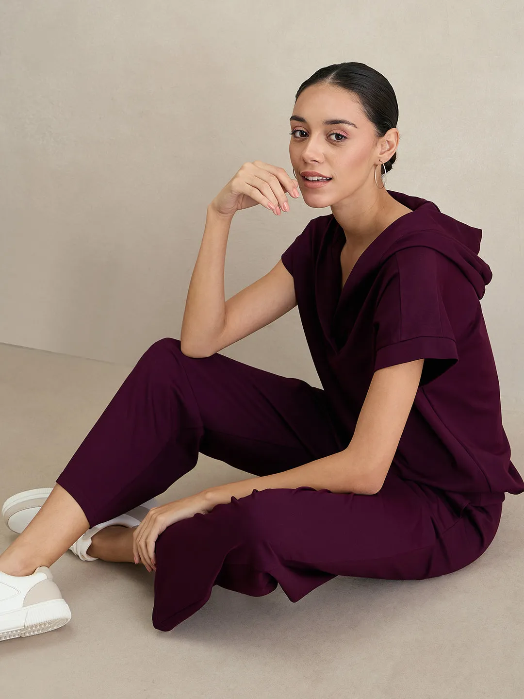 Wine Travel Hoodie With Straight Pant Co-Ord Set
