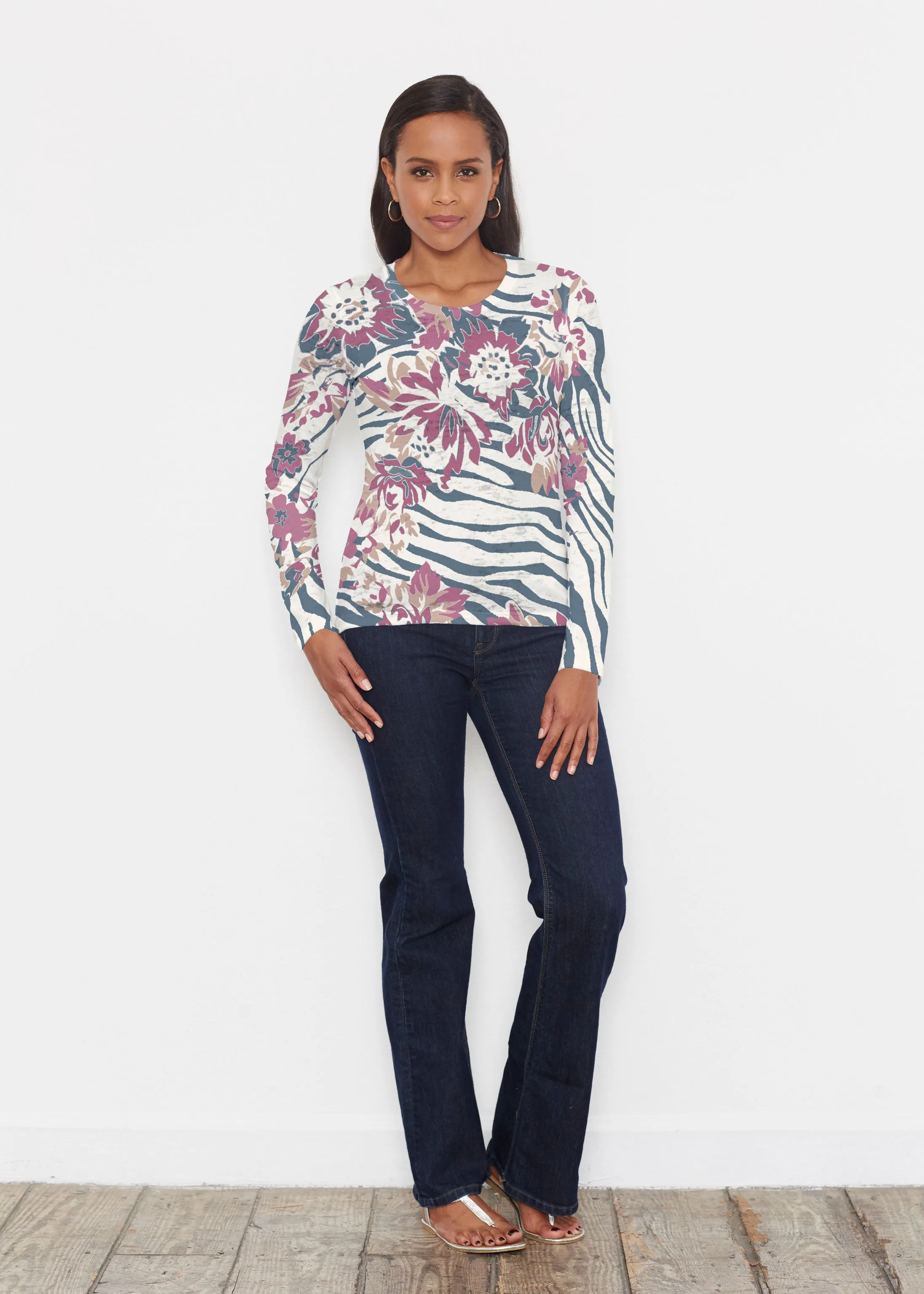 Zebra Posy Navy (8123) ~ Signature Long Sleeve Crew Shirt